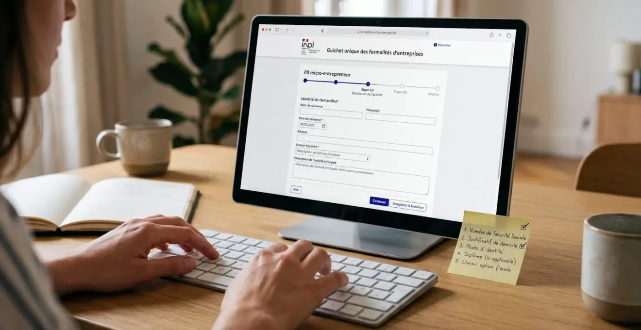 Écran affichant l'interface du guichet unique formalites.entreprises.gouv.fr avec formulaire P0 microentrepreneur en cours de remplissage, barre de progression des étapes visible, mains sur clavier et post-it avec checklist manuscrite en français