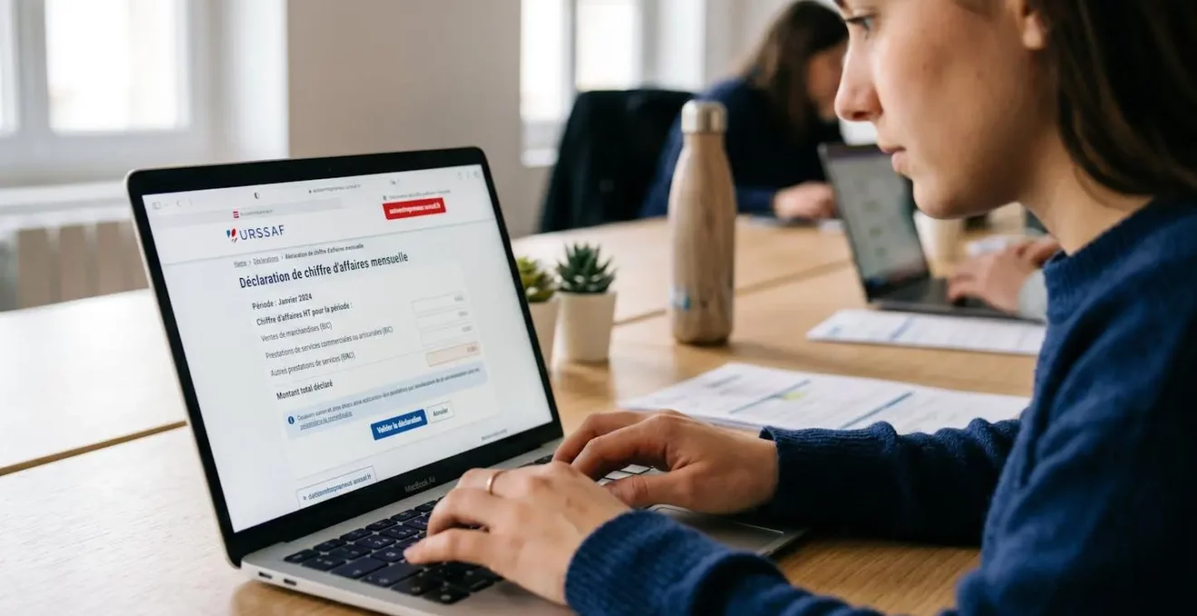 Écran d'ordinateur affichant l'interface du site autoentrepreneur.urssaf.fr avec formulaire de déclaration de chiffre d'affaires mensuelle en français, mains sur clavier en train de saisir les données