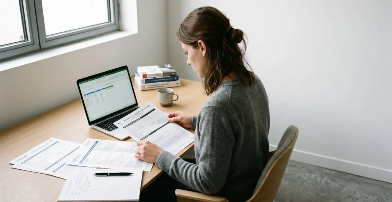 Personne de dos analysant des formulaires administratifs français URSSAF et déclaration P0 sur un bureau contemporain minimaliste avec ordinateur portable, dans un espace de travail épuré aux murs blancs et lumière naturelle