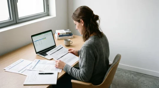 Personne de dos analysant des formulaires administratifs français URSSAF et déclaration P0 sur un bureau contemporain minimaliste avec ordinateur portable, dans un espace de travail épuré aux murs blancs et lumière naturelle