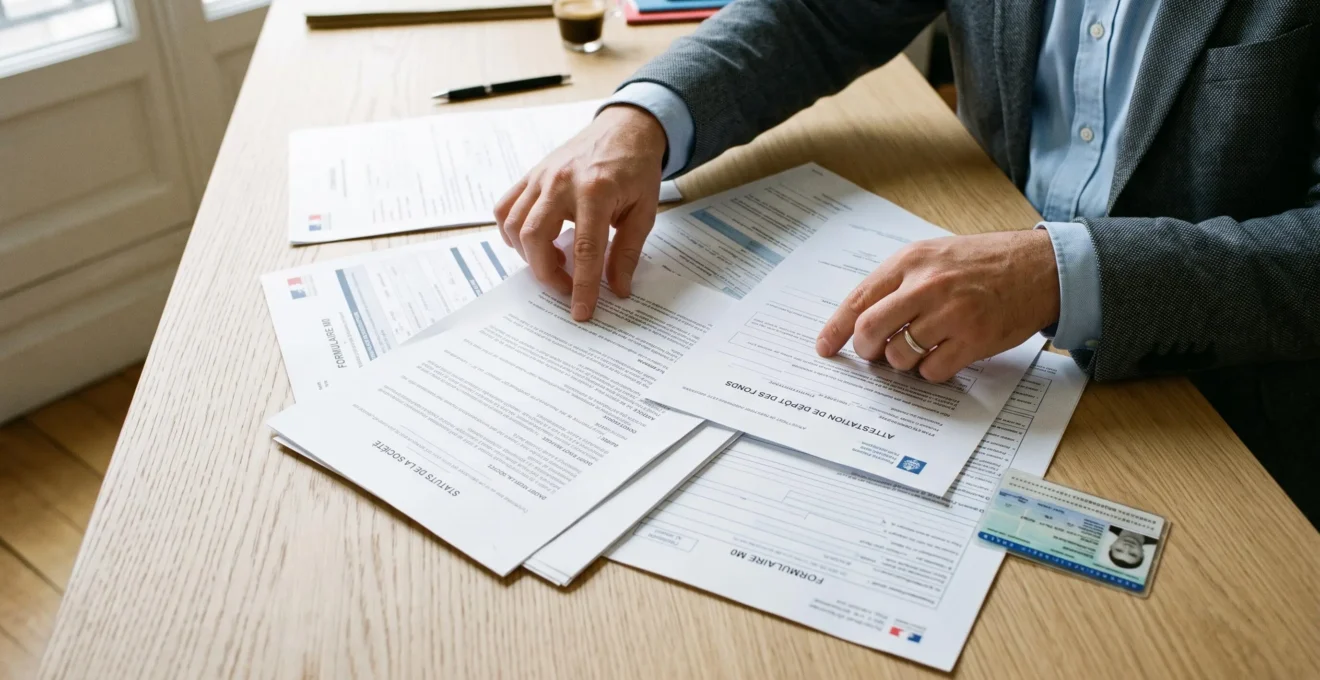 Documents administratifs nécessaires à l'immatriculation d'une société organisés sur un bureau, incluant statuts, attestation bancaire et formulaires officiels.
