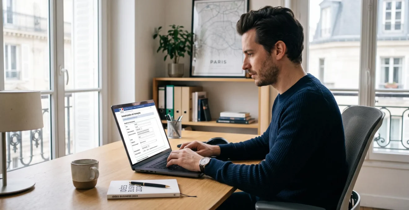 Entrepreneur français remplissant le formulaire d'immatriculation en ligne sur son ordinateur portable avec des documents administratifs organisés à côté.