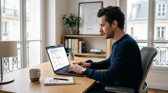 Entrepreneur français remplissant le formulaire d'immatriculation en ligne sur son ordinateur portable avec des documents administratifs organisés à côté.