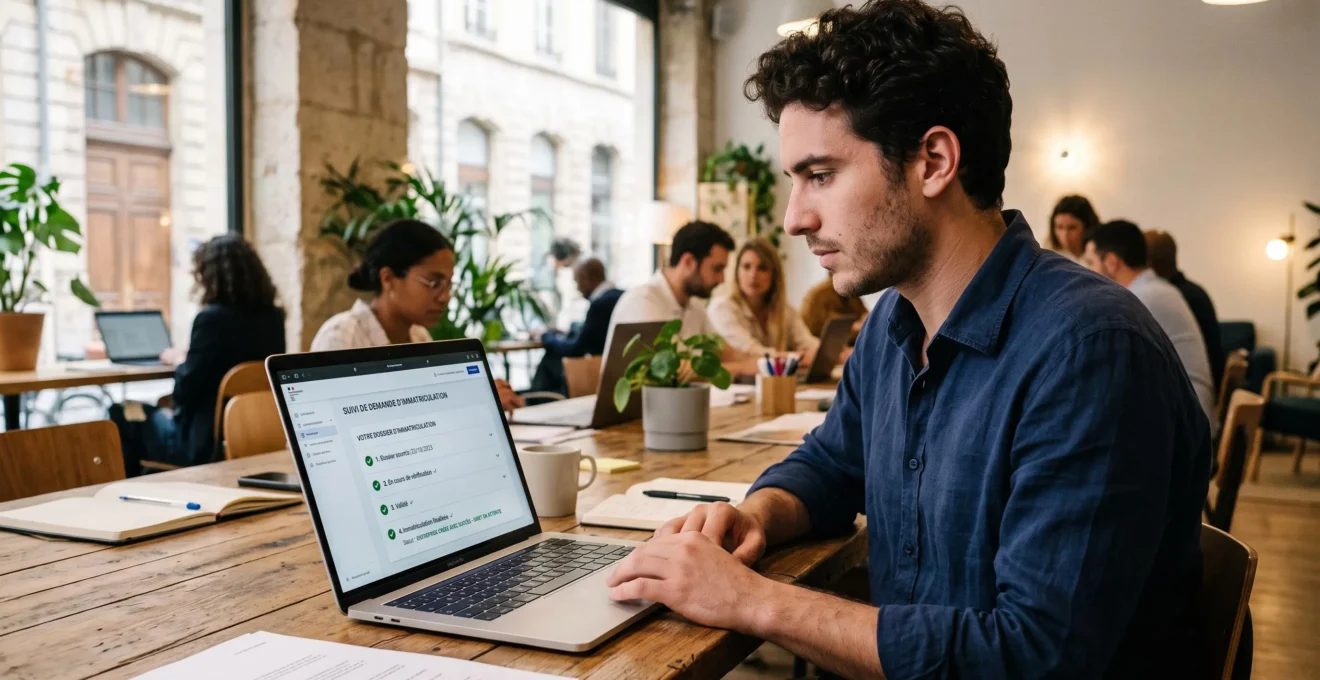 Entrepreneur consultant l'avancement de sa demande d'immatriculation en ligne depuis un espace de coworking moderne.